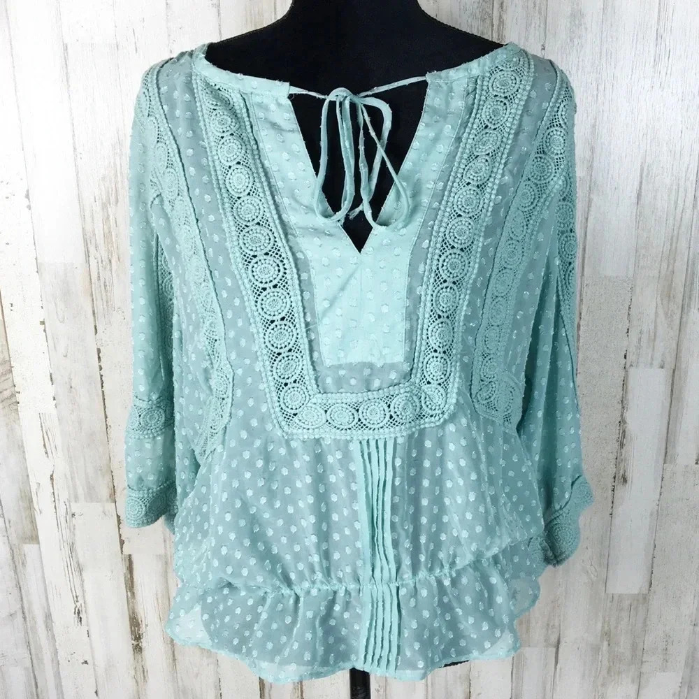 Daniel Rainn Boho Hippie Blouse Textured Sheer Top